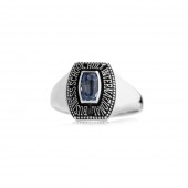 Sterling silver or white gold with antique finish and blue zircon stone